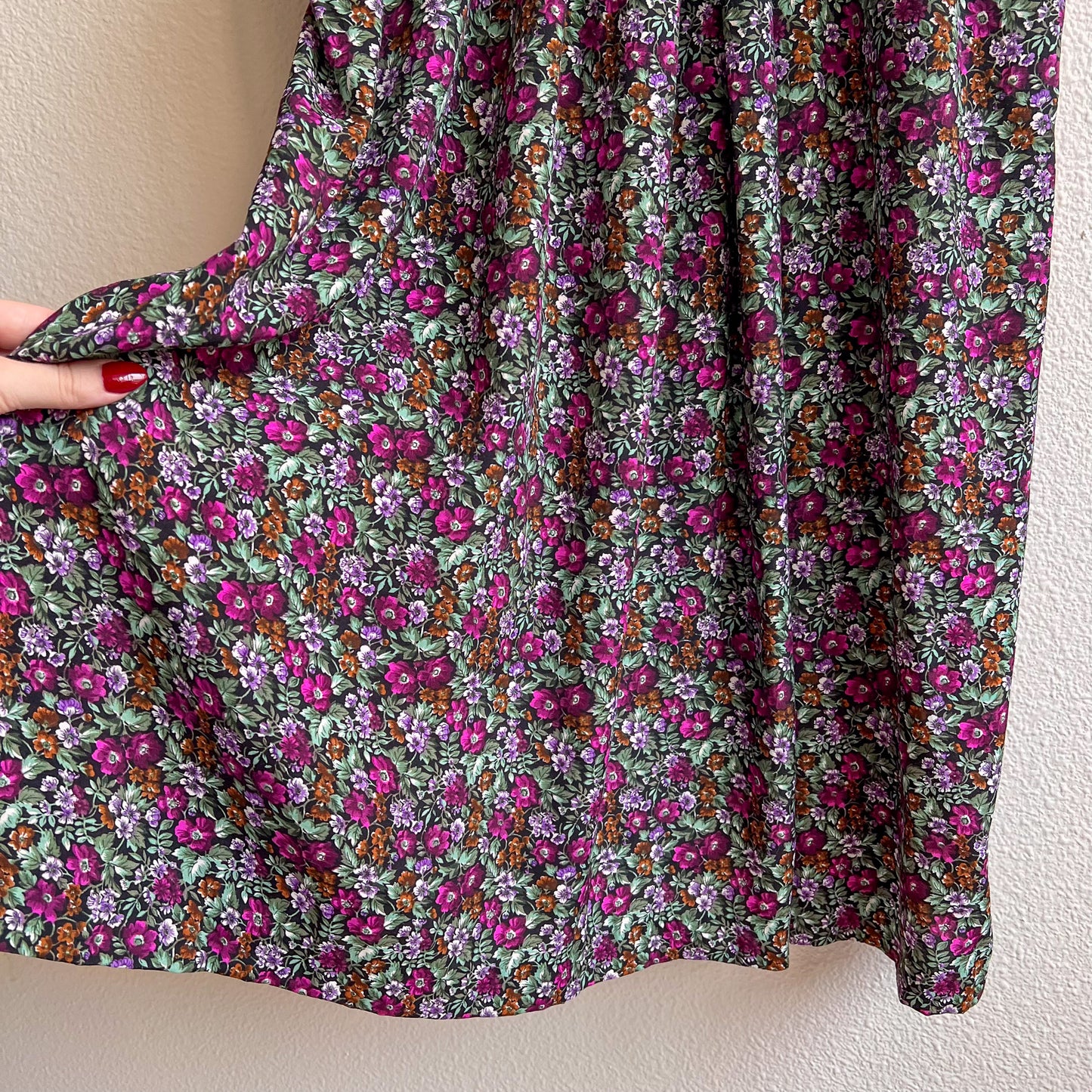 1980s Purple Floral Print Dress With Pockets (S/M)