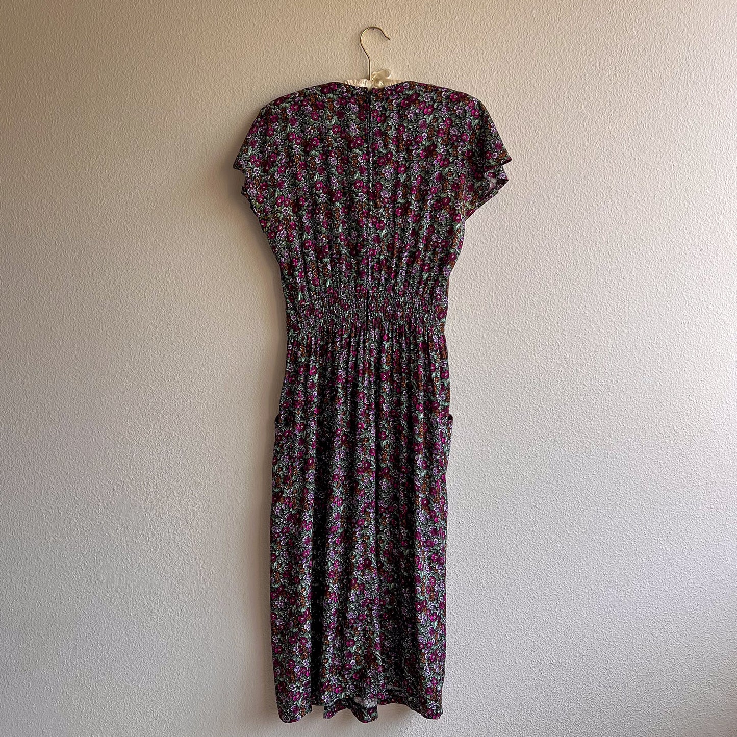 1980s Purple Floral Print Dress With Pockets (S/M)