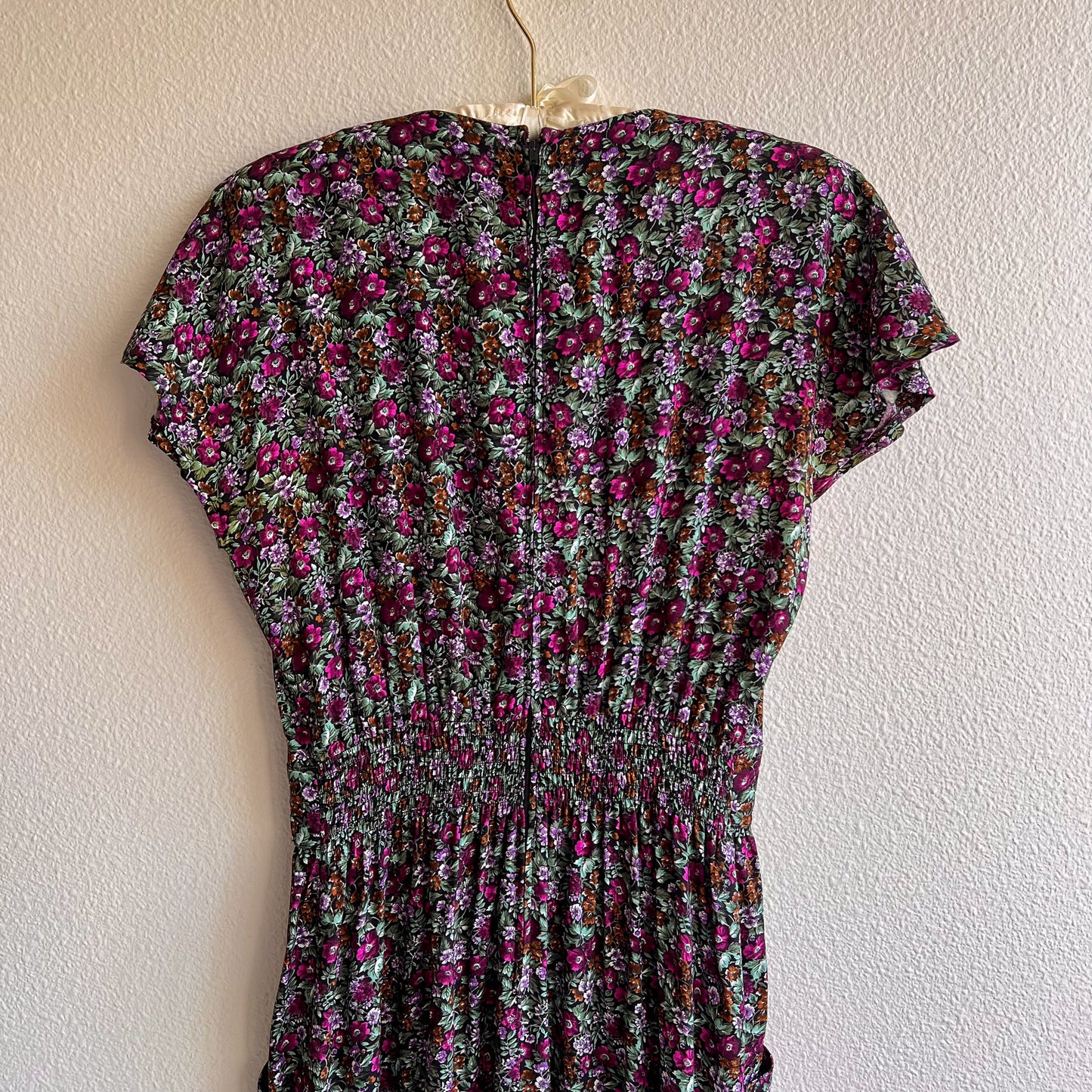 1980s Purple Floral Print Dress With Pockets (S/M)