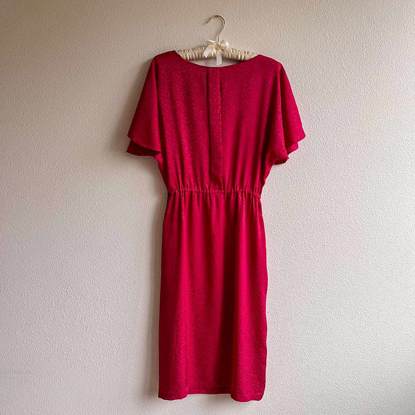 1980s Raspberry Floral Silk Jacquard Dress (S/M)