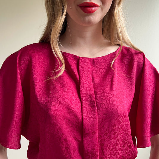 1980s Raspberry Floral Silk Jacquard Dress (S/M)