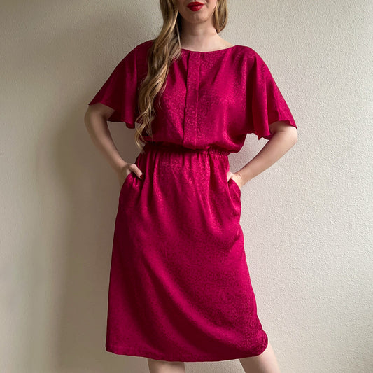 1980s Raspberry Floral Silk Jacquard Dress (S/M)