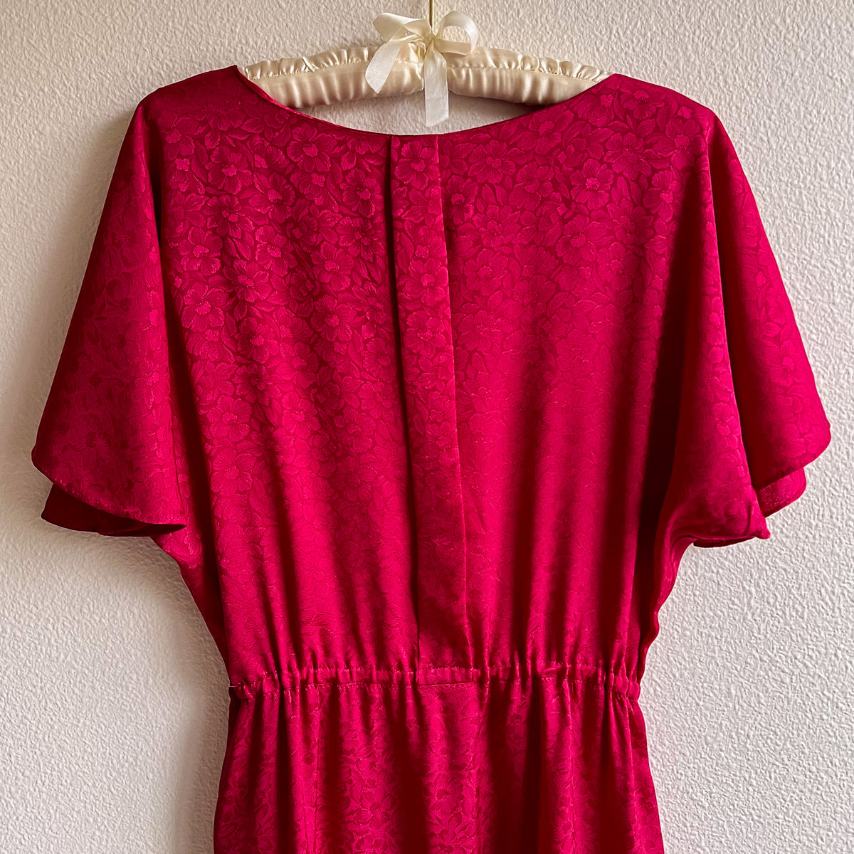 1980s Raspberry Floral Silk Jacquard Dress (S/M)