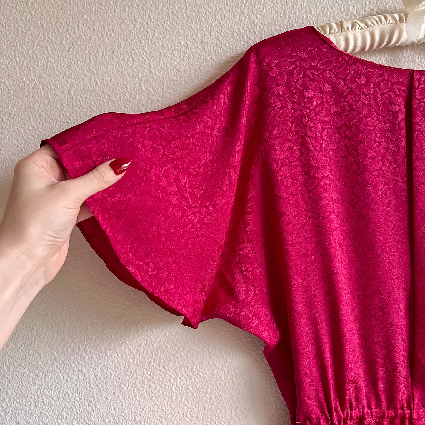 1980s Raspberry Floral Silk Jacquard Dress (S/M)