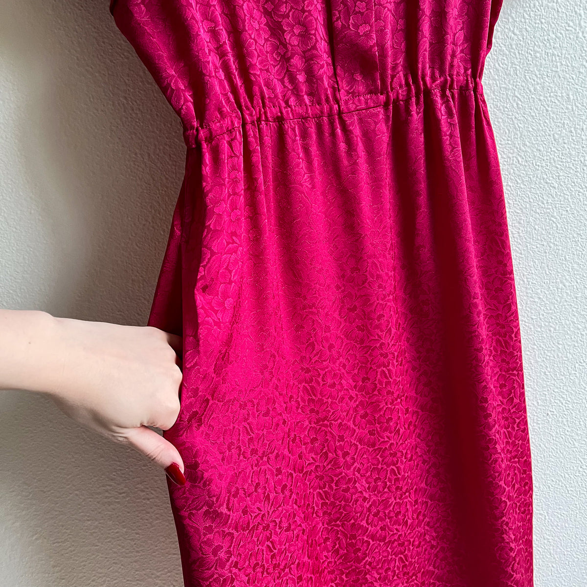 1980s Raspberry Floral Silk Jacquard Dress (S/M)