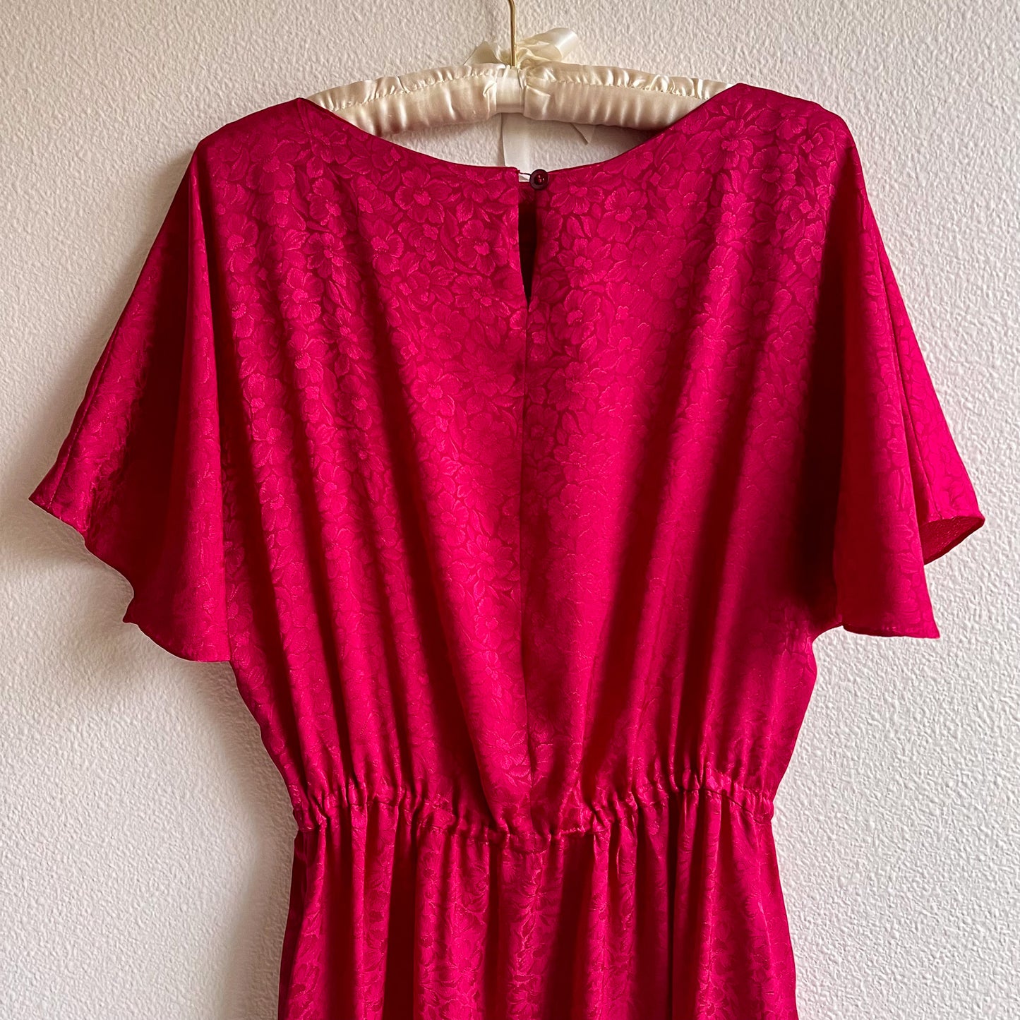 1980s Raspberry Floral Silk Jacquard Dress (S/M)