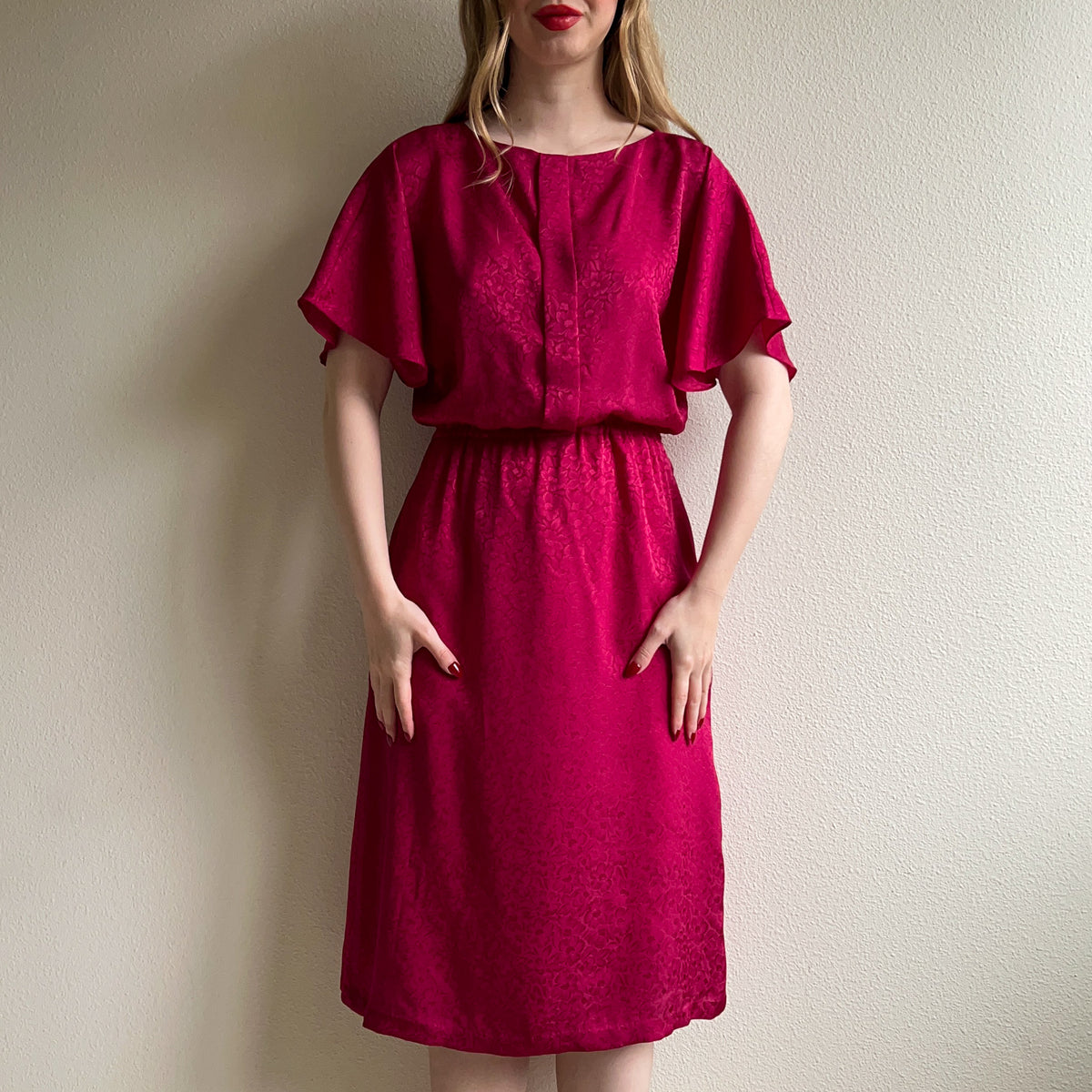 1980s Raspberry Floral Silk Jacquard Dress (S/M)