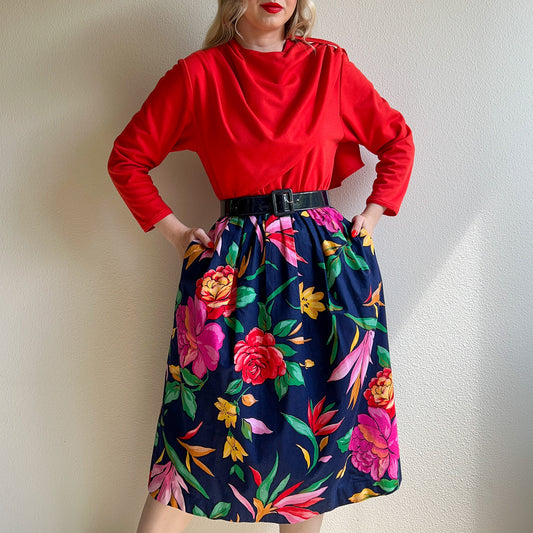 1980s Red Belted Dress With Tropical Print (M/L)