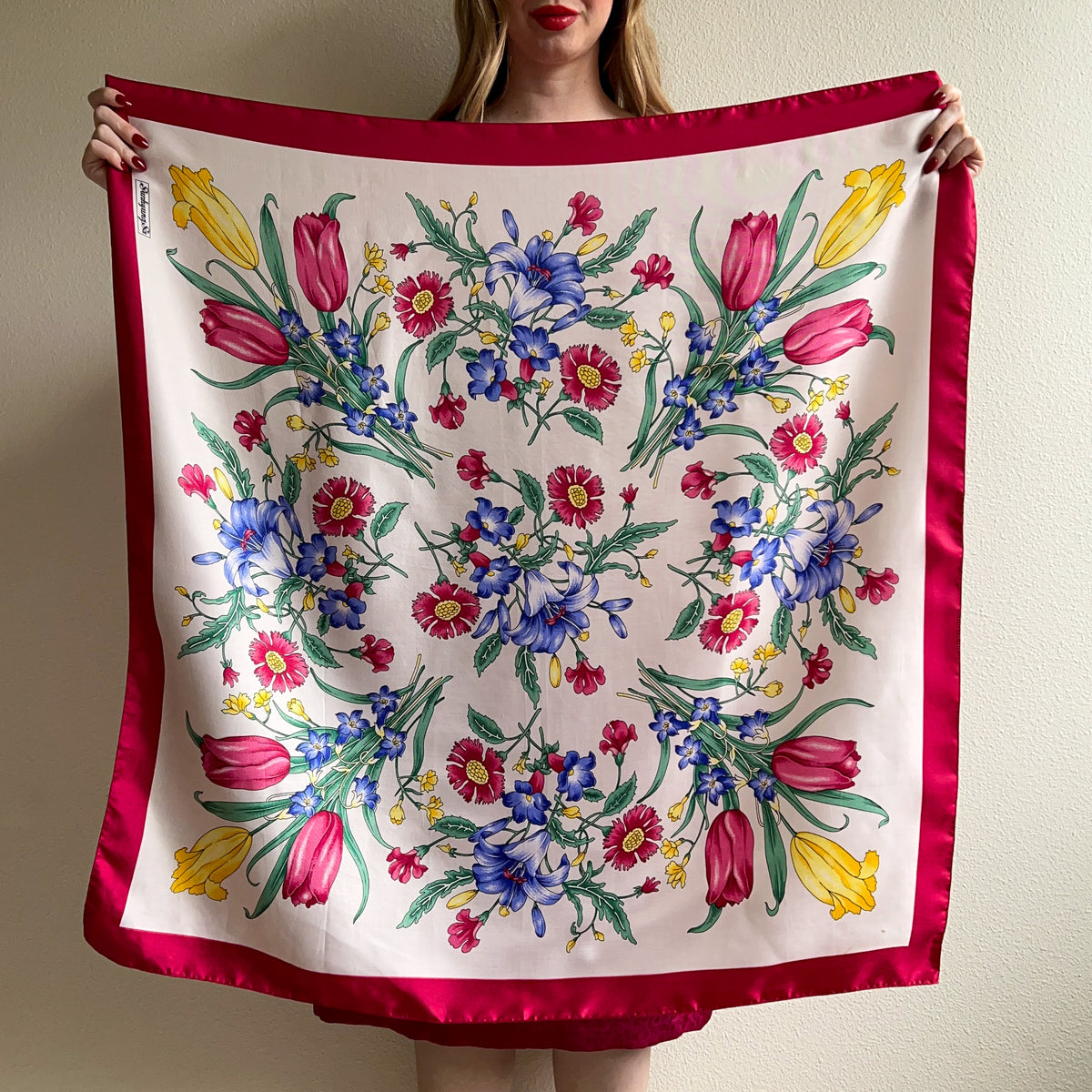 1980s Red and Blue Floral Print Silk Scarf