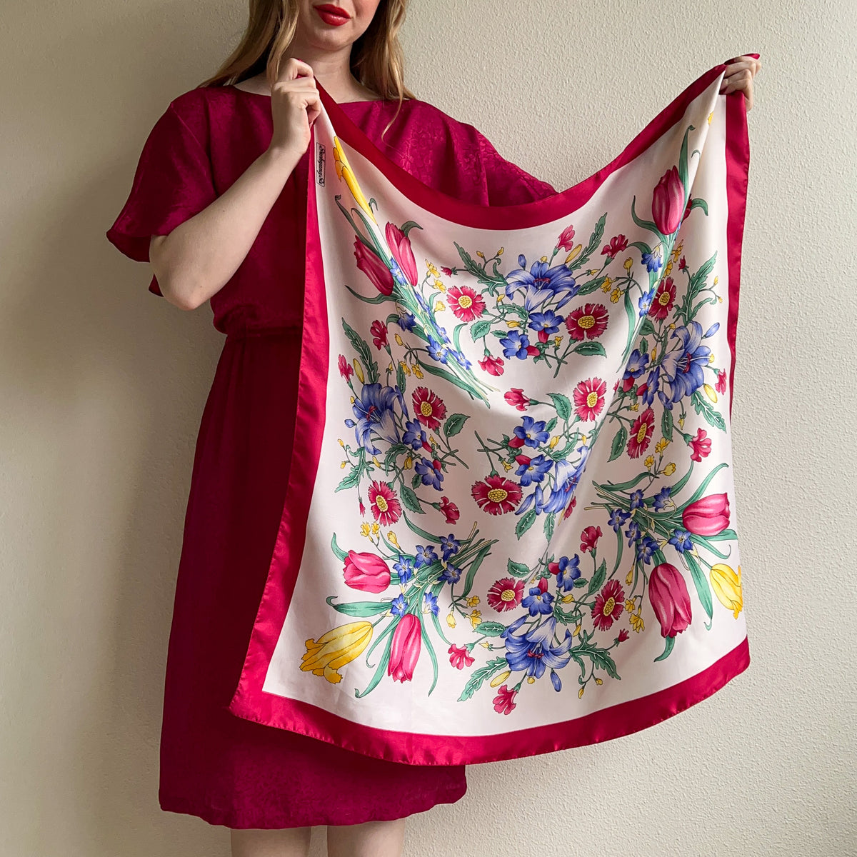 1980s Red and Blue Floral Print Silk Scarf