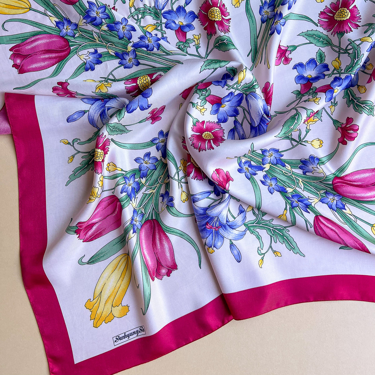 1980s Red and Blue Floral Print Silk Scarf