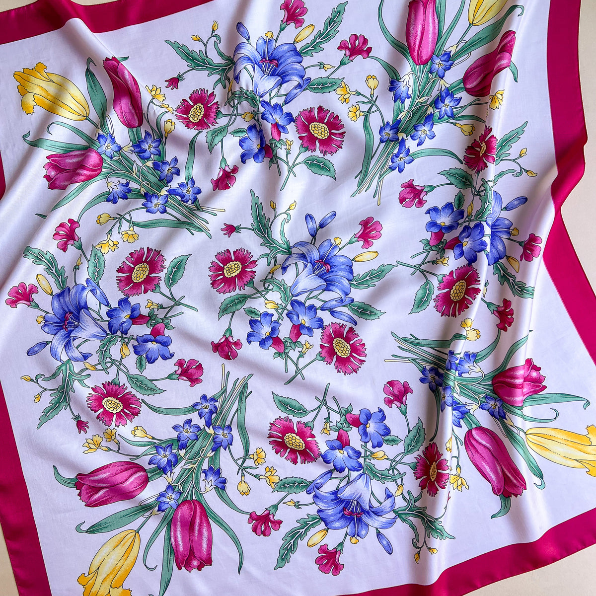 1980s Red and Blue Floral Print Silk Scarf
