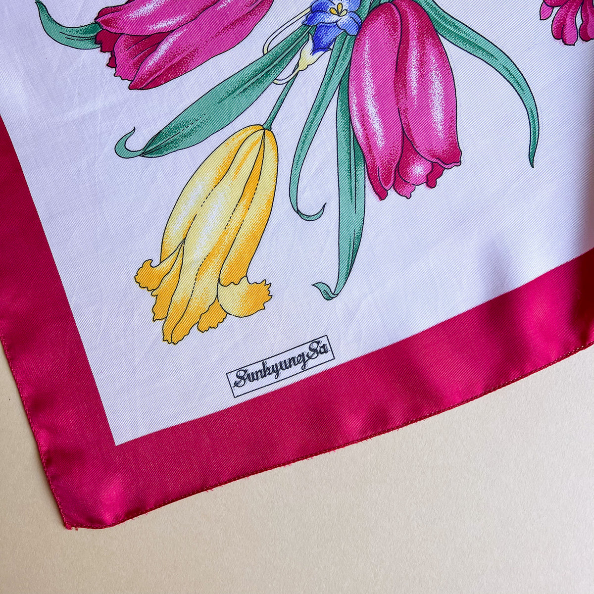 1980s Red and Blue Floral Print Silk Scarf