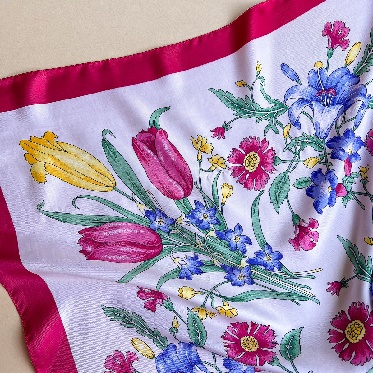 1980s Red and Blue Floral Print Silk Scarf