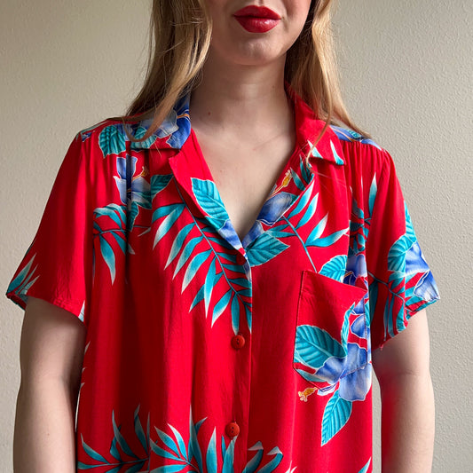 1980s Red and Blue Tropical Print Blouse (L)