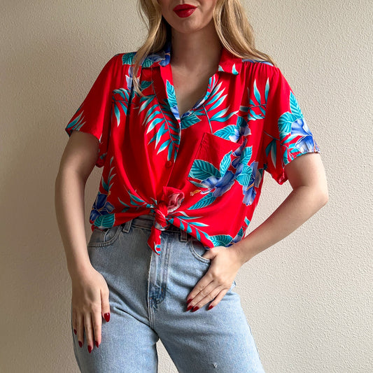 1980s Red and Blue Tropical Print Blouse (L)