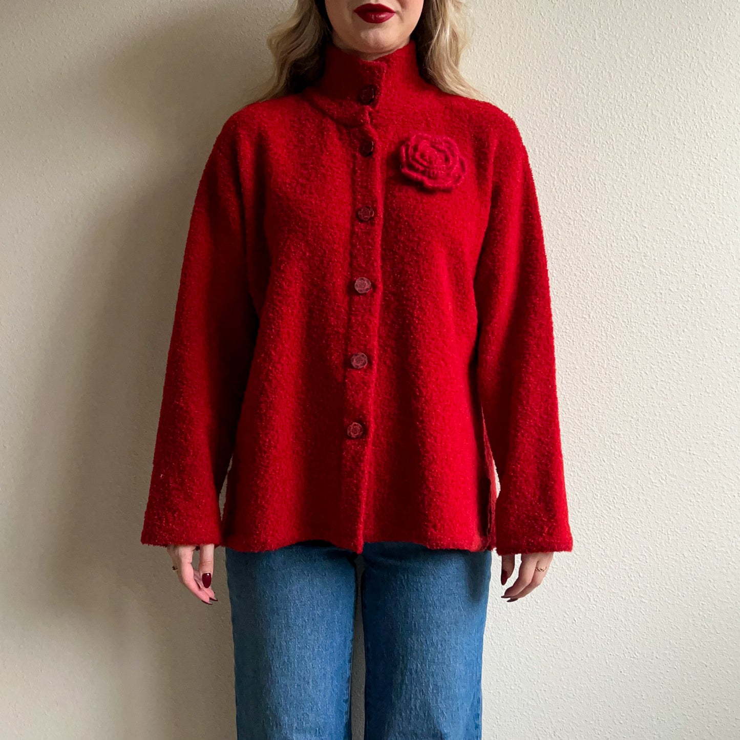 1980s Red Boucle Cardigan With Flower Brooch (M/L)