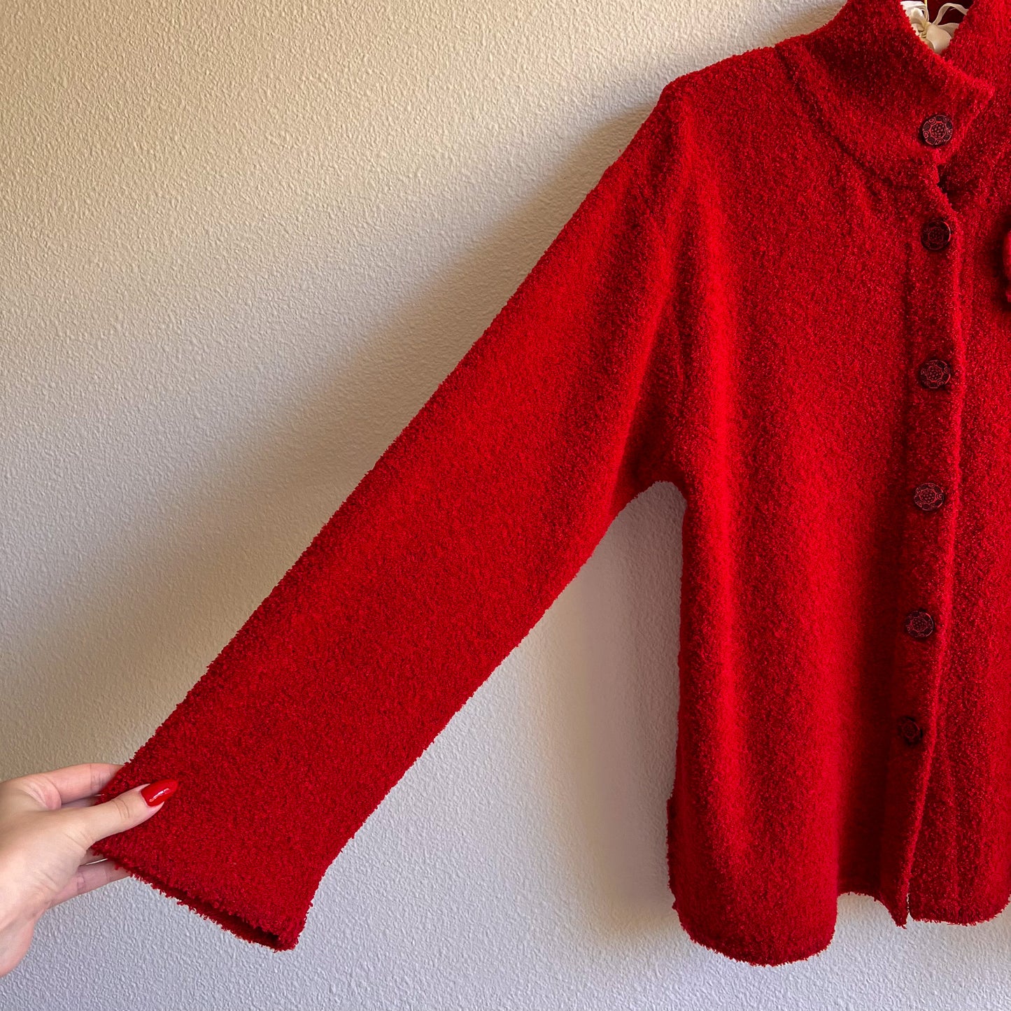 1980s Red Boucle Cardigan With Flower Brooch (M/L)