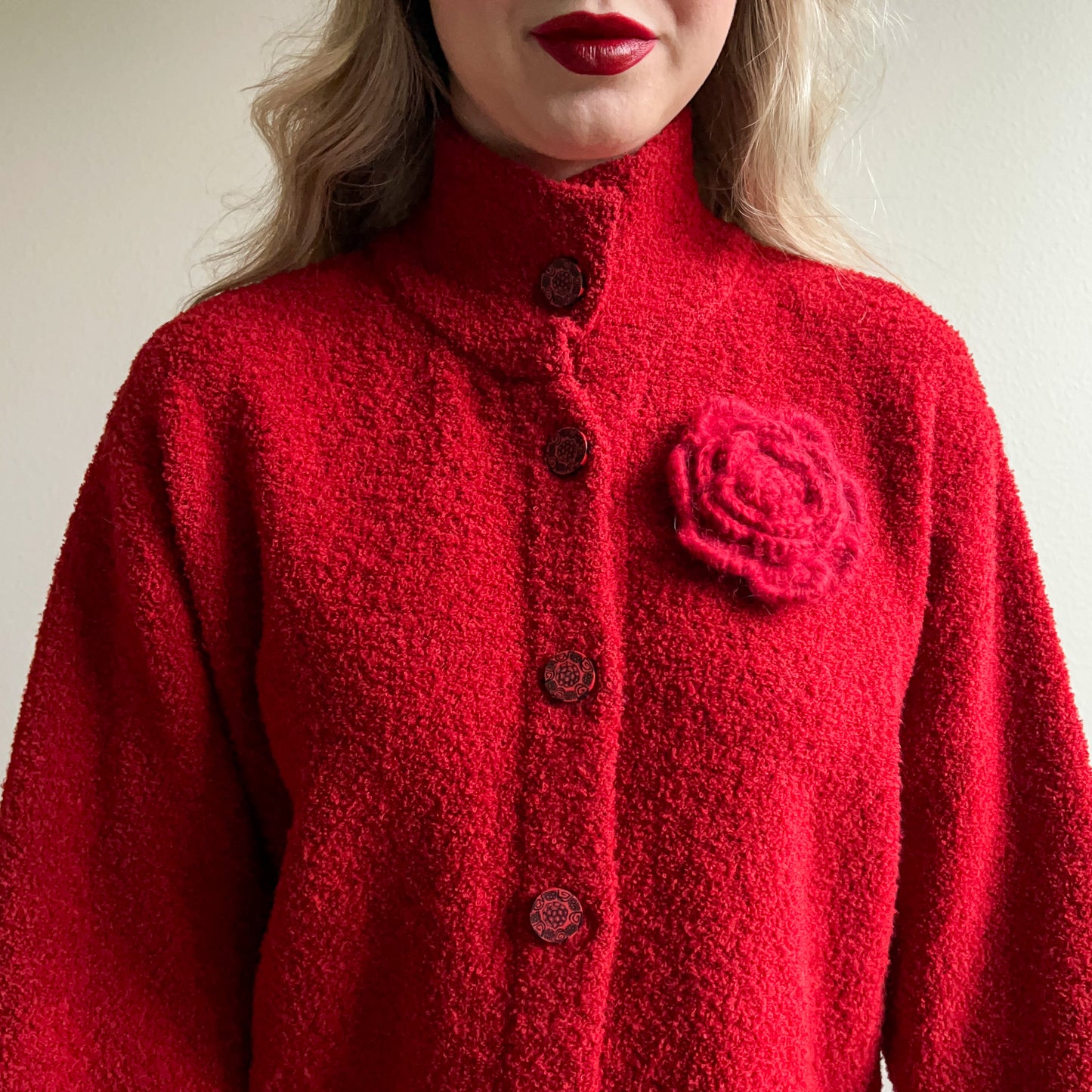 1980s Red Boucle Cardigan With Flower Brooch (M/L)