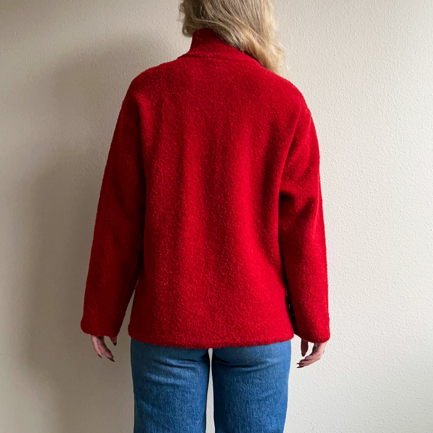 1980s Red Boucle Cardigan With Flower Brooch (M/L)