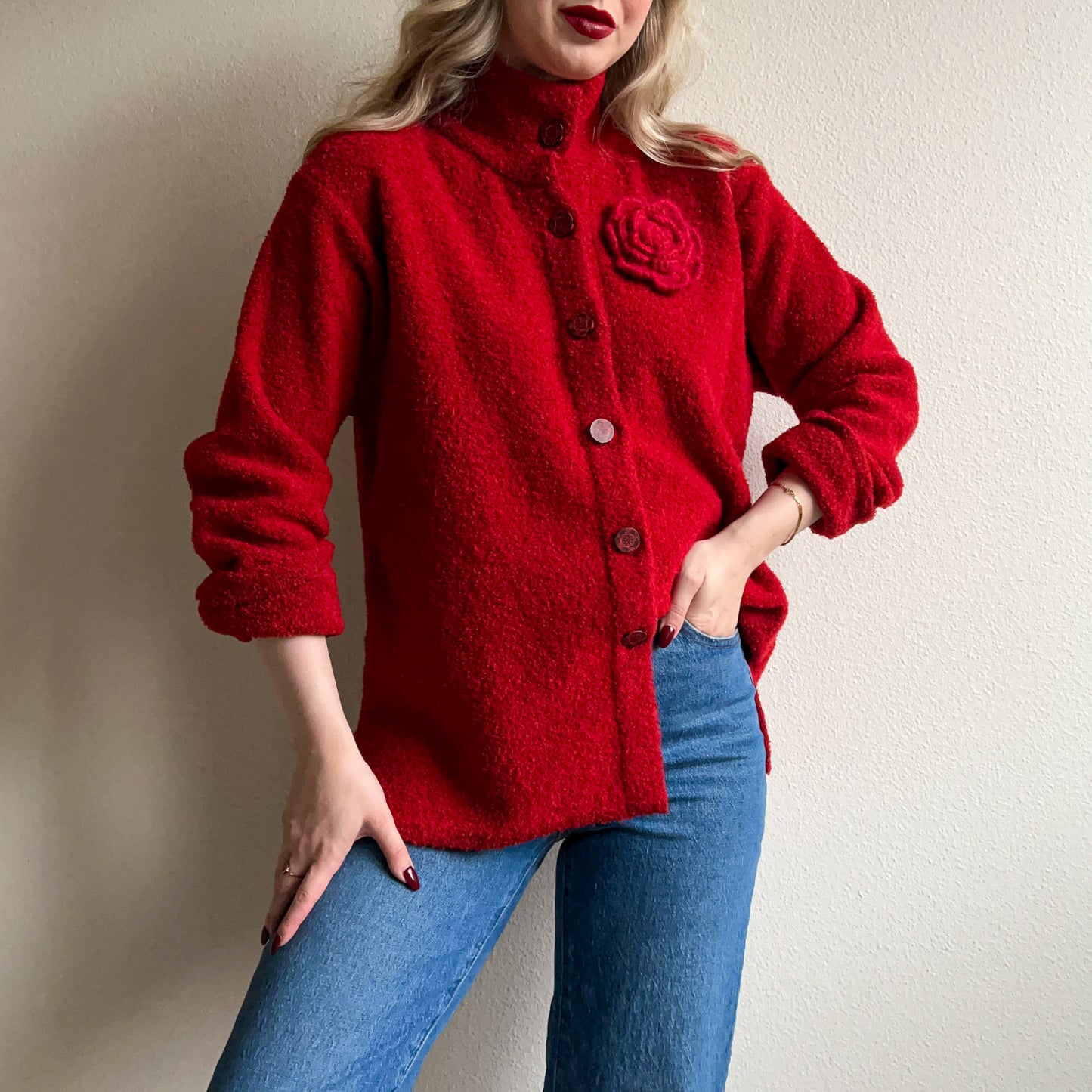 1980s Red Boucle Cardigan With Flower Brooch (M/L)