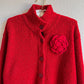 1980s Red Boucle Cardigan With Flower Brooch (M/L)