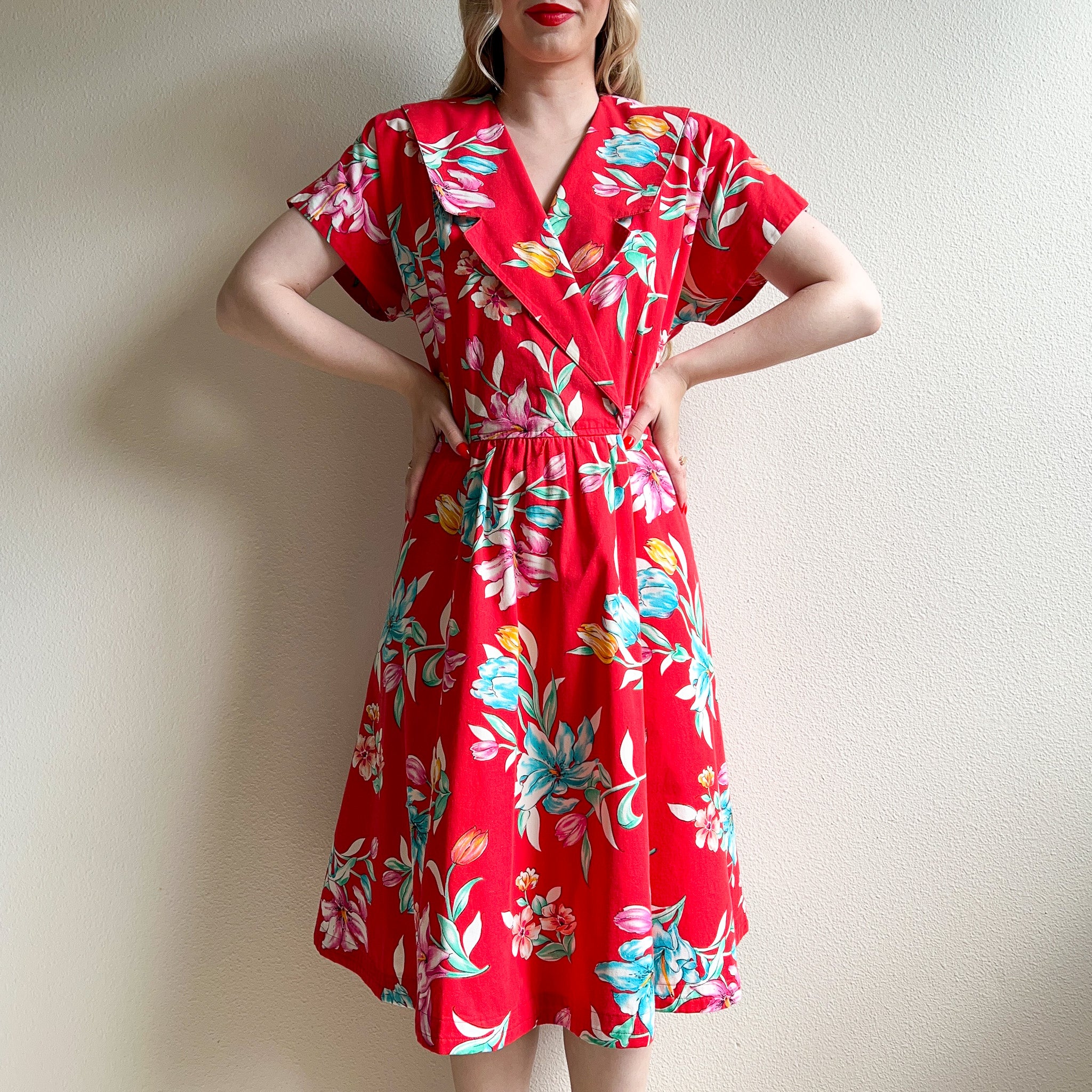 1980s Bright Red Cotton Dress With Floral Print L XL Studio Gloria Vintage