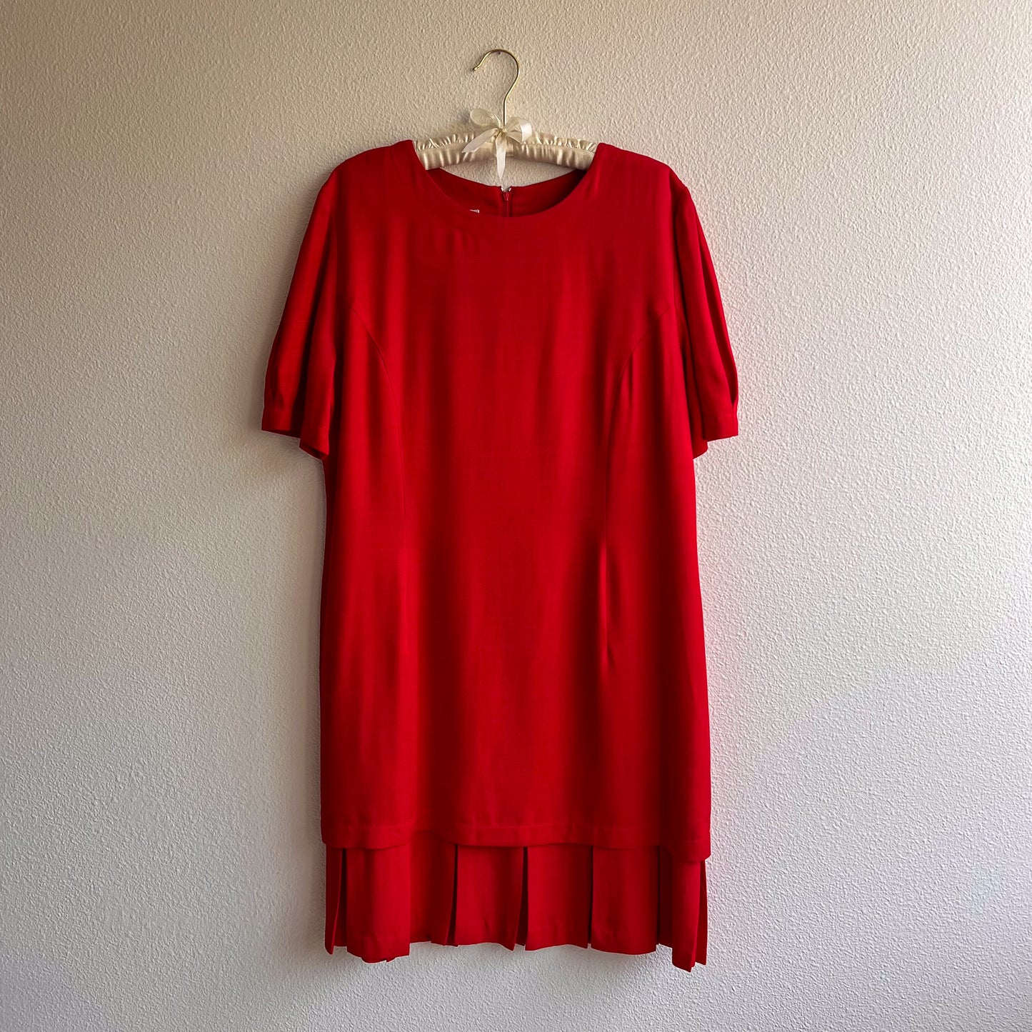 1980s Bright Red Dress With Pleated Flounce Hemline (L)