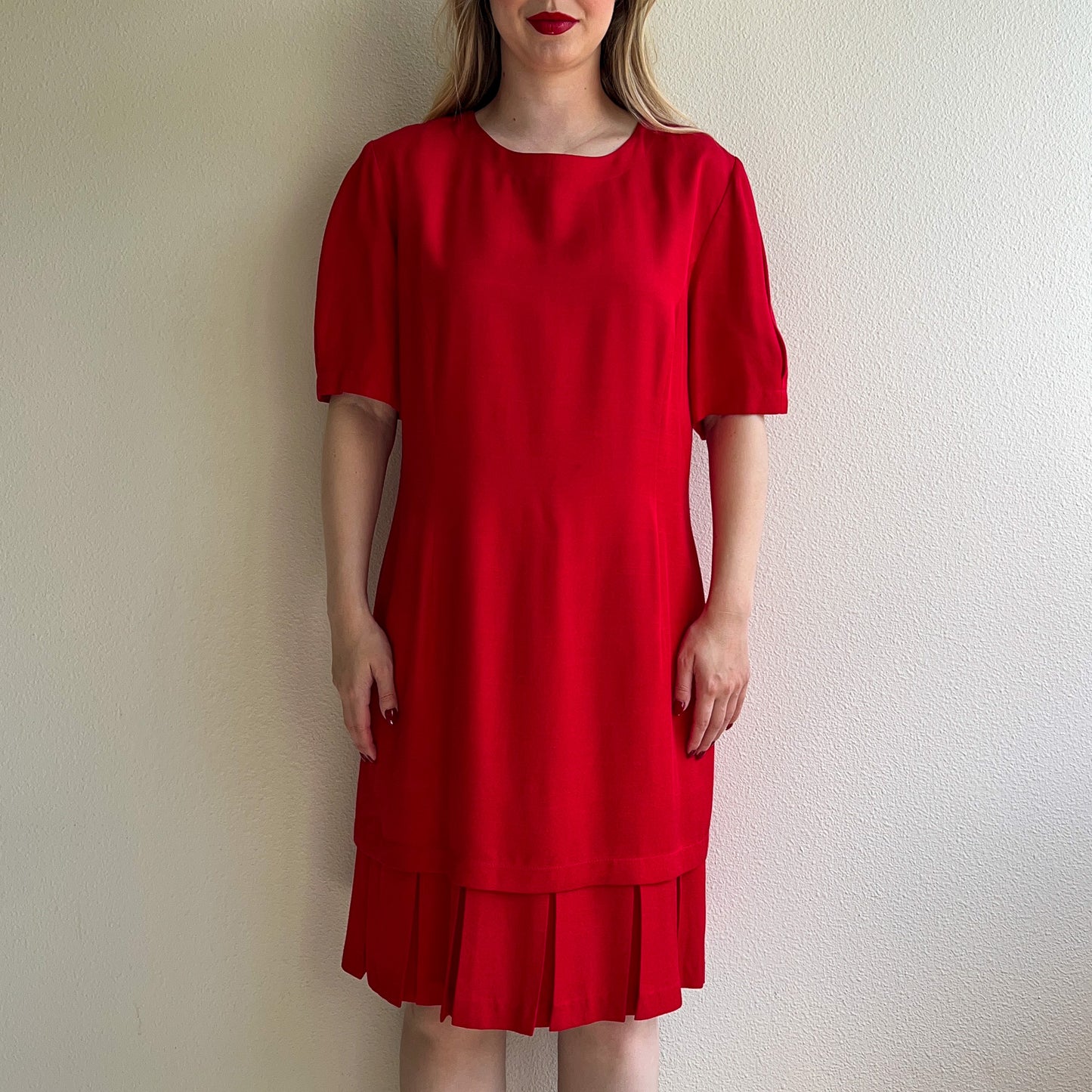 1980s Bright Red Dress With Pleated Flounce Hemline (L)