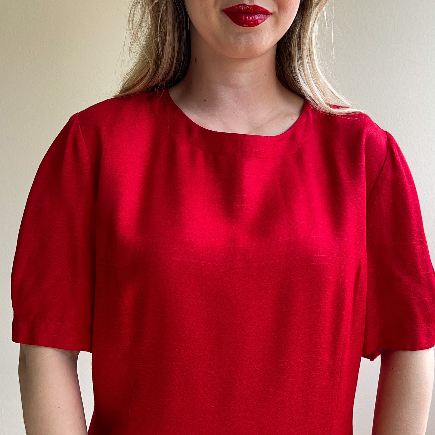 1980s Bright Red Dress With Pleated Flounce Hemline (L)