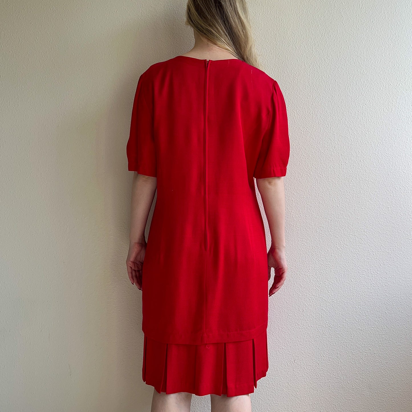 1980s Bright Red Dress With Pleated Flounce Hemline (L)