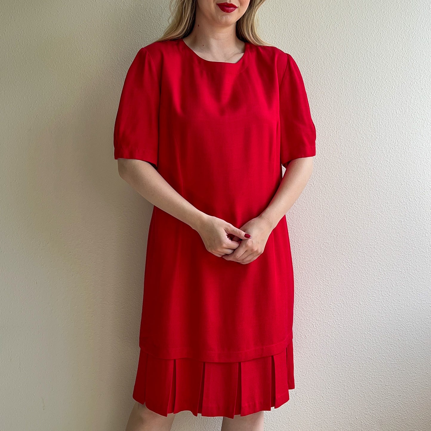 1980s Bright Red Dress With Pleated Flounce Hemline (L)