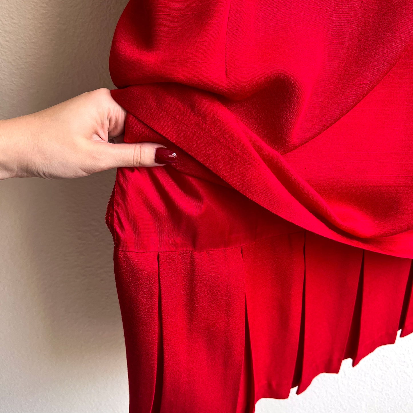 1980s Bright Red Dress With Pleated Flounce Hemline (L)