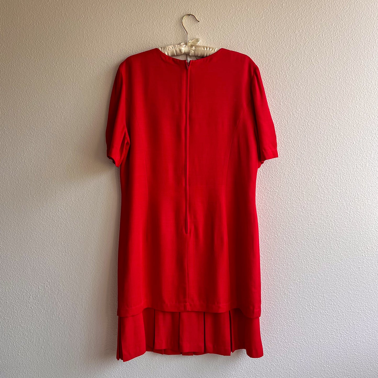 1980s Bright Red Dress With Pleated Flounce Hemline (L)