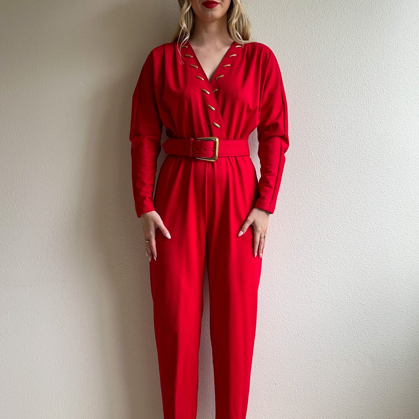 1980s Bright Red and Gold Belted Jumpsuit (M/L)