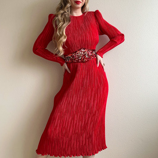 Fabulous 1980s Red Pleated Dress With Sequined Belt (S/M)