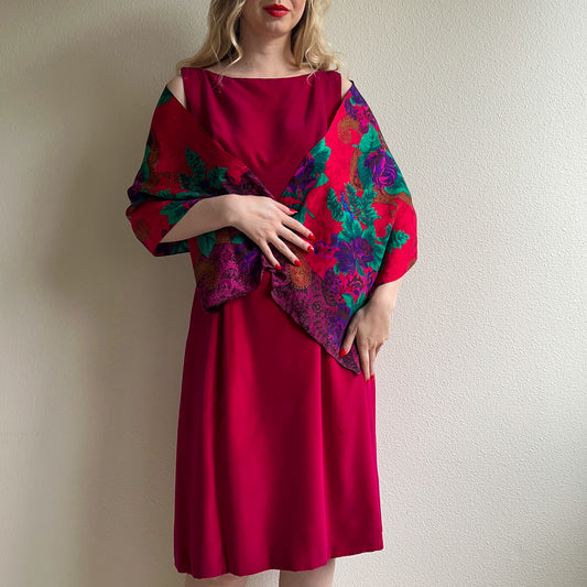 1980s Red and Purple Rose and Paisley Silk Scarf