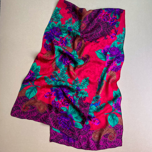 1980s Red and Purple Rose and Paisley Silk Scarf