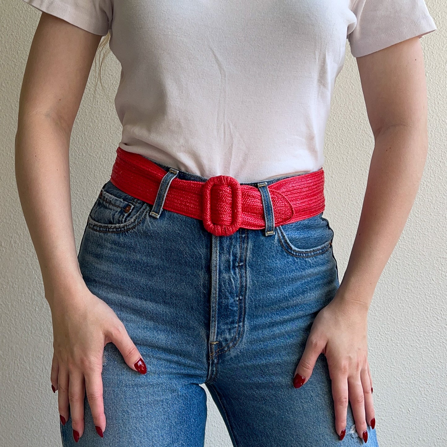 1980s Bright Red Raffia Belt With Adjustable Fit (XS/S)