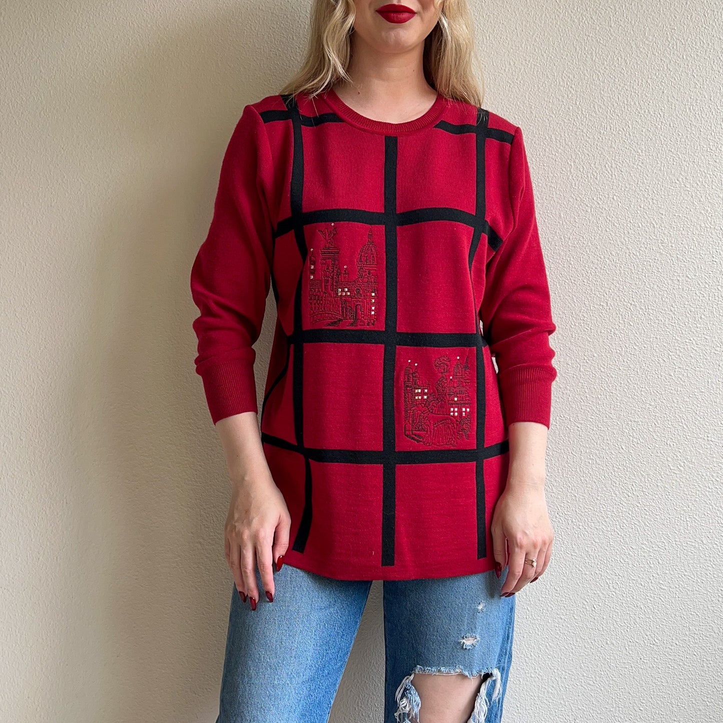 1980s Red Sweater With Cityscape Embroidery (M/L)