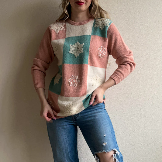 1980s Pink and White Snowflake Sweater (S/M)