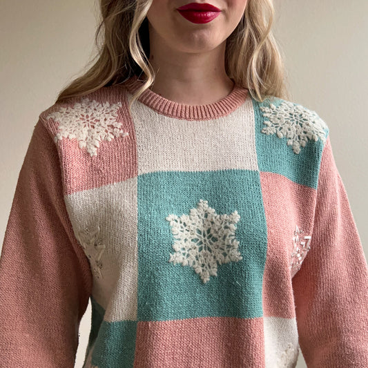 1980s Pink and White Snowflake Sweater (S/M)
