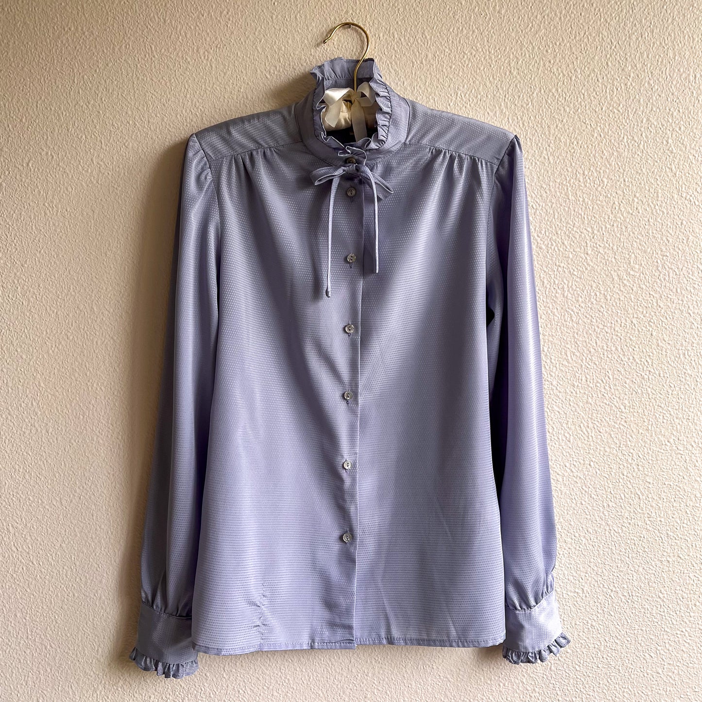 1980s Soft Blue Blouse With Ruffled Collar (S)