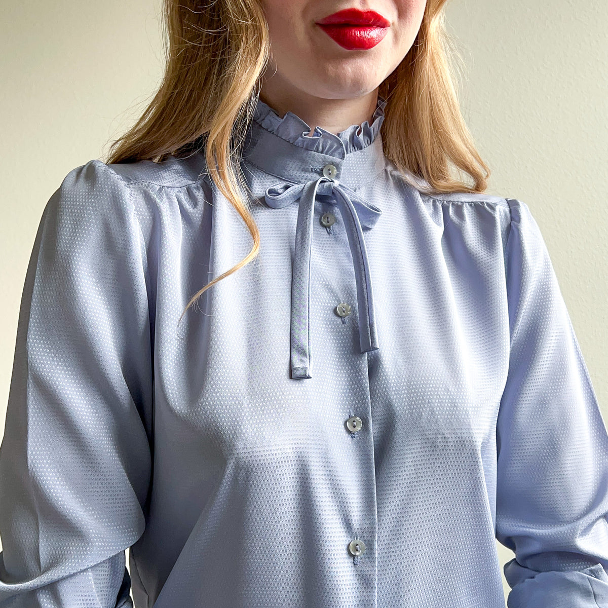 1980s Soft Blue Blouse With Ruffled Collar (S)