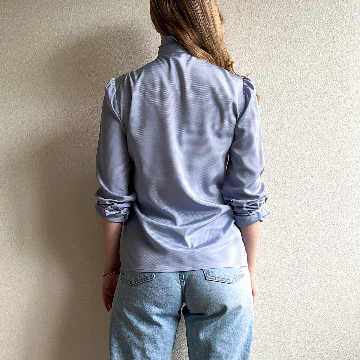 1980s Soft Blue Blouse With Ruffled Collar (S)