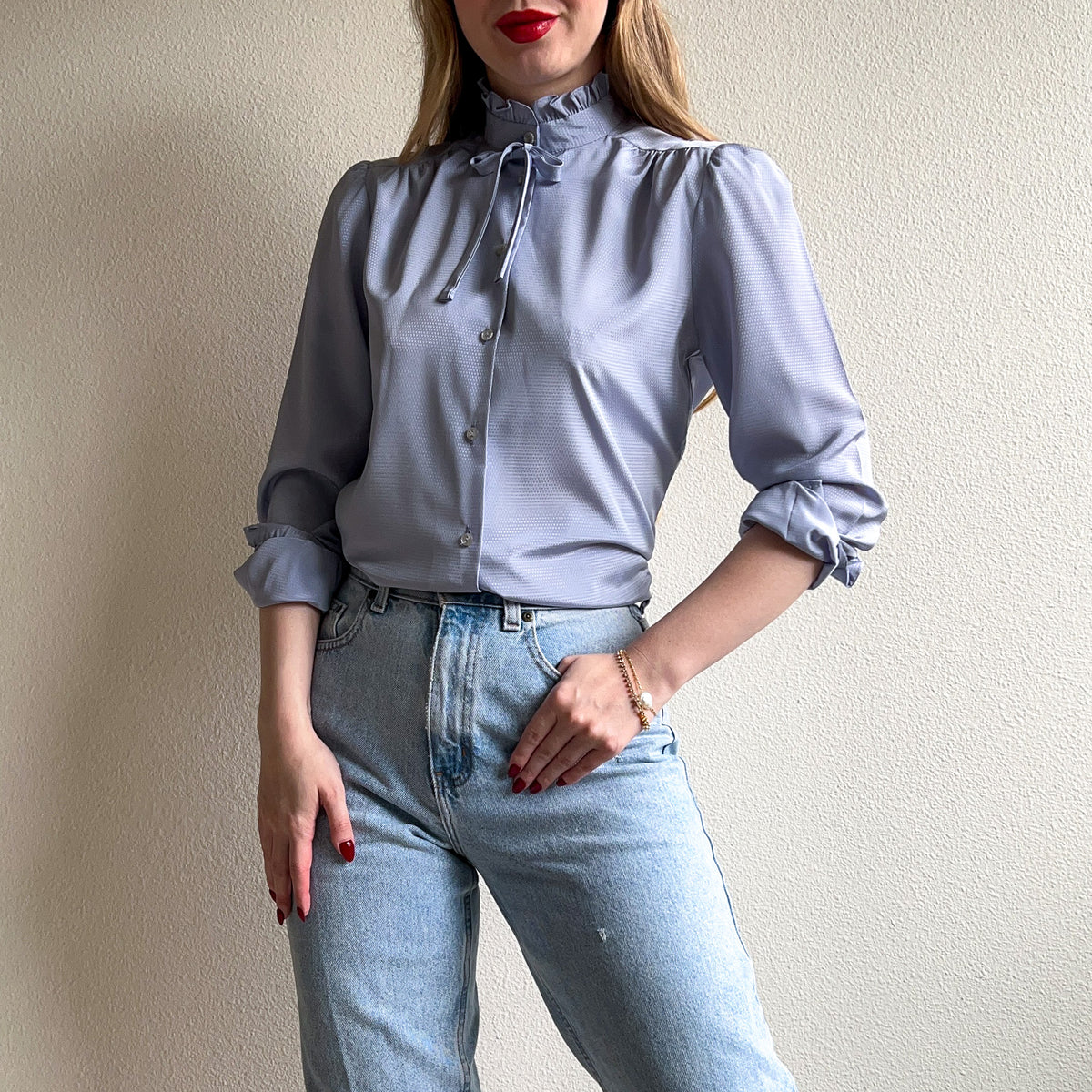 1980s Soft Blue Blouse With Ruffled Collar (S)