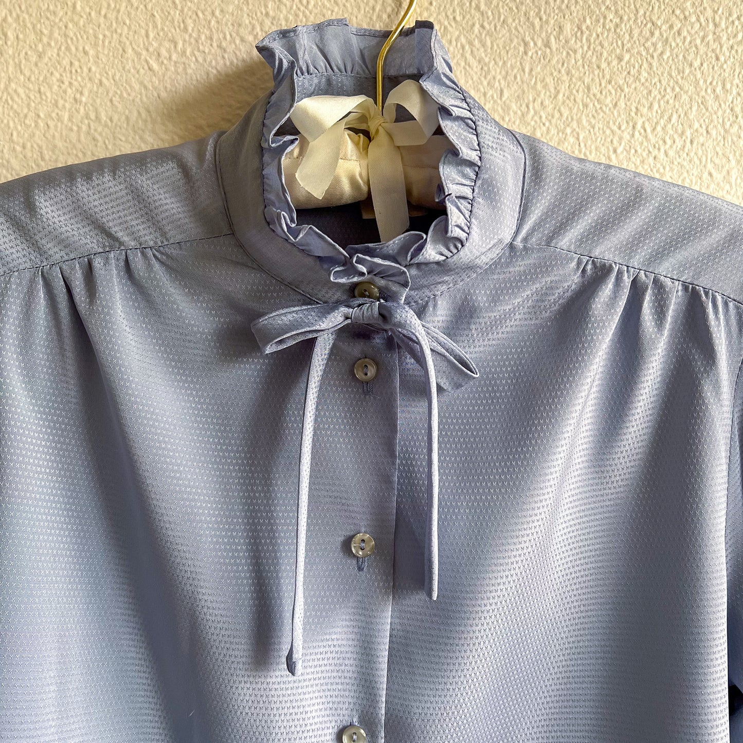 1980s Soft Blue Blouse With Ruffled Collar (S)