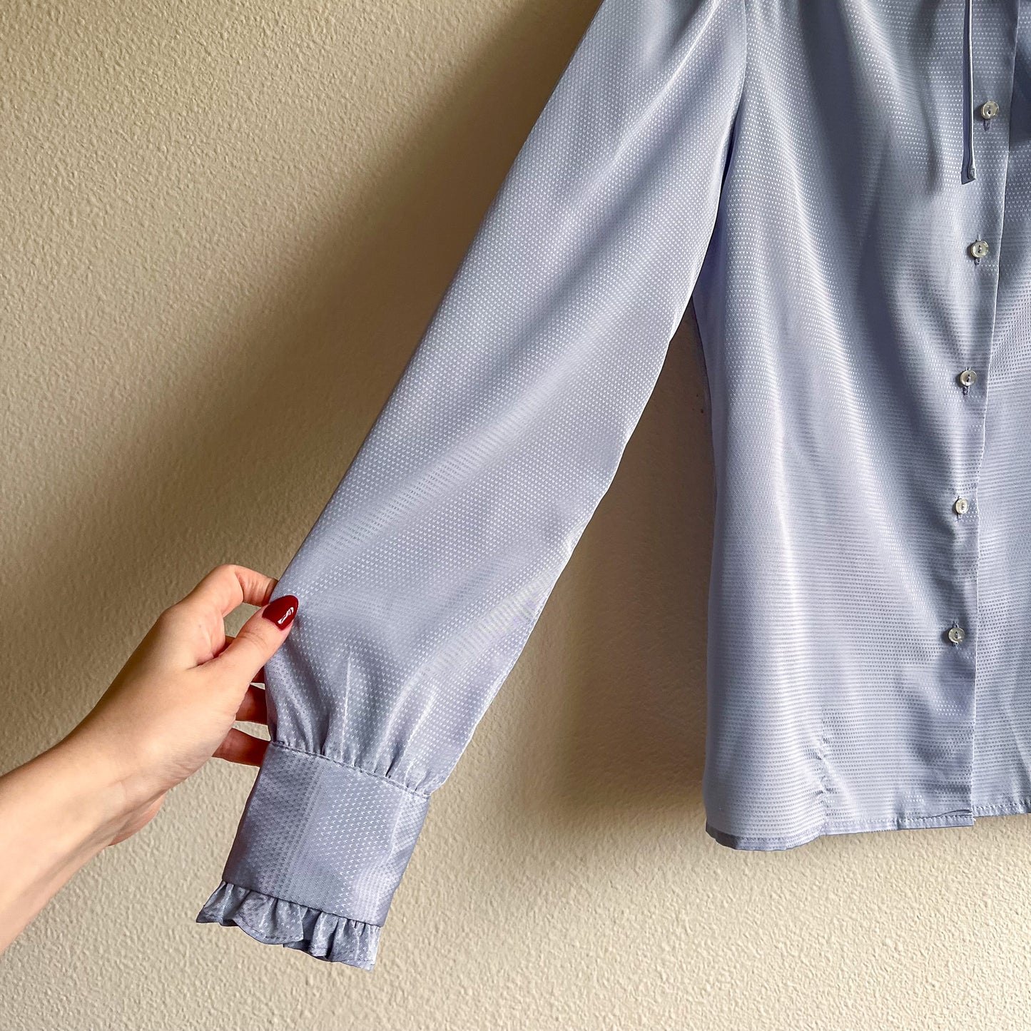 1980s Soft Blue Blouse With Ruffled Collar (S)