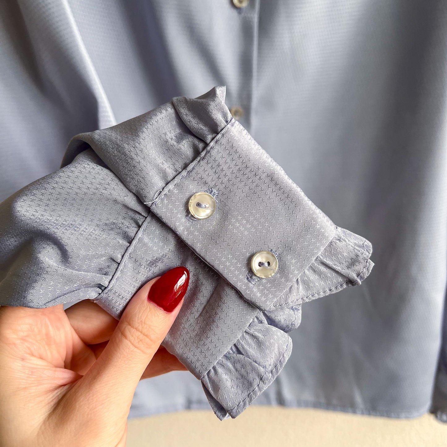 1980s Soft Blue Blouse With Ruffled Collar (S)