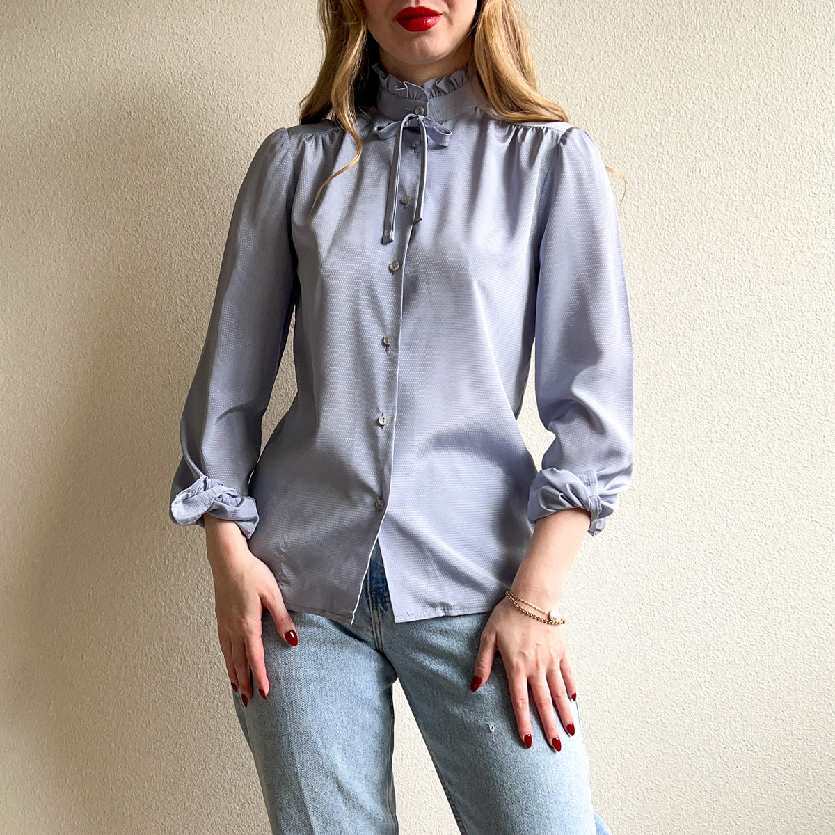 1980s Soft Blue Blouse With Ruffled Collar (S)